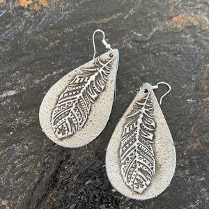 Leather teardrop feather earrings.